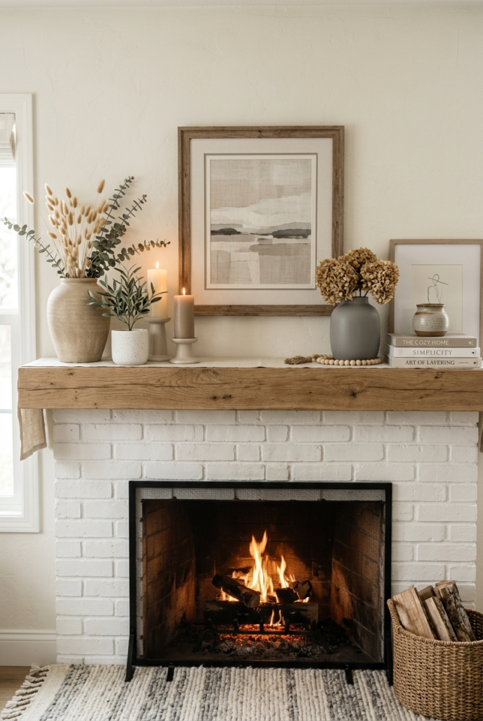 Neutral mantel decor