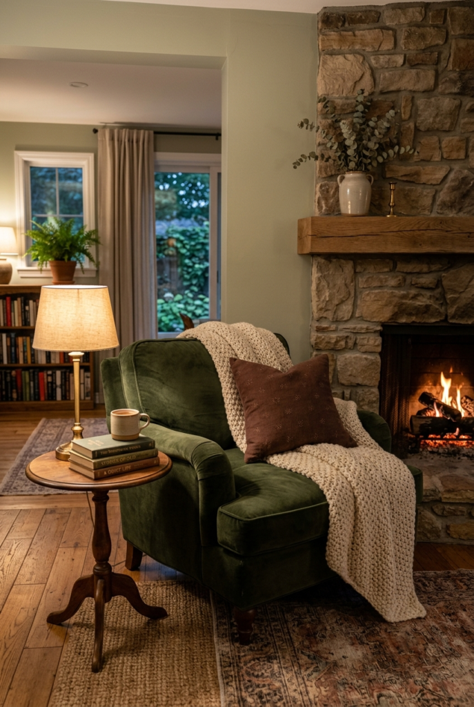 Reading nook beside a corner fireplace
