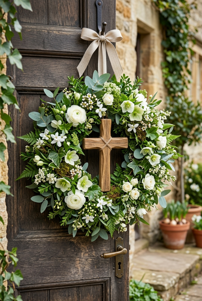 Easter wreath featuring a wooden cross