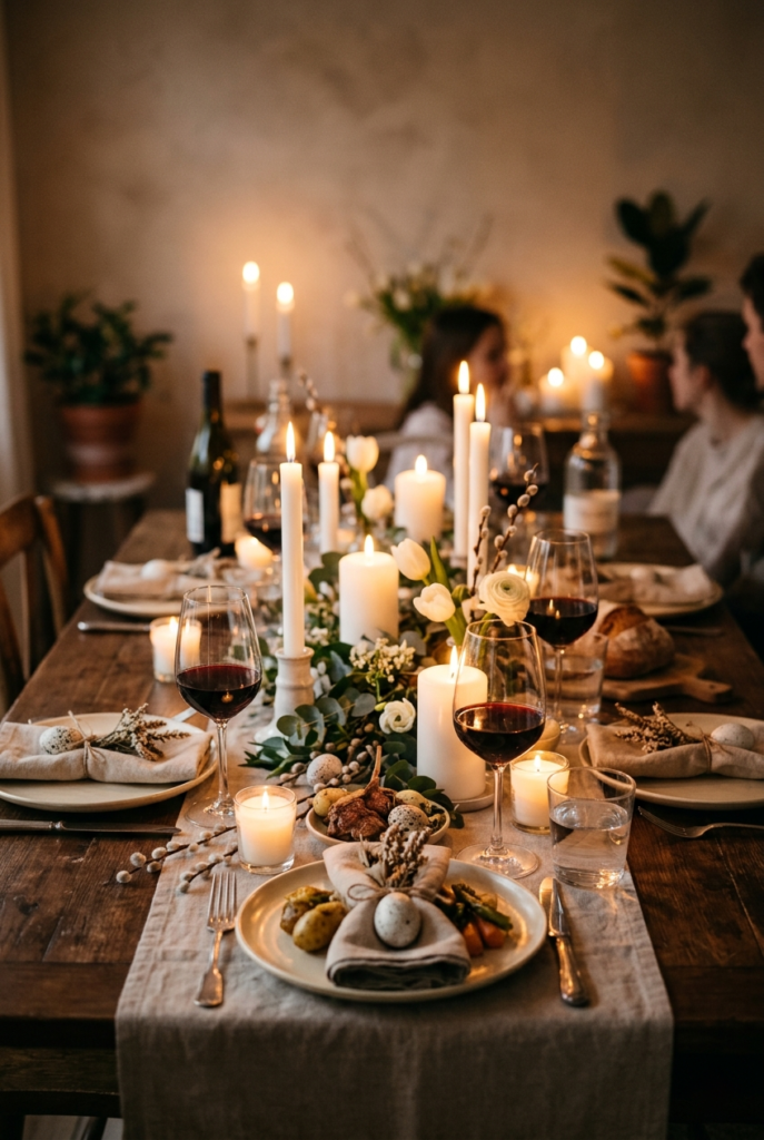Candles in cozy Easter home decor