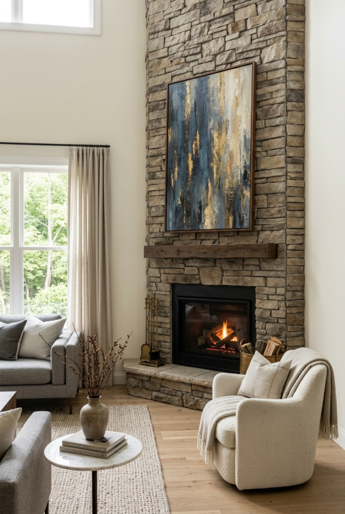 Vertical artwork above corner fireplace