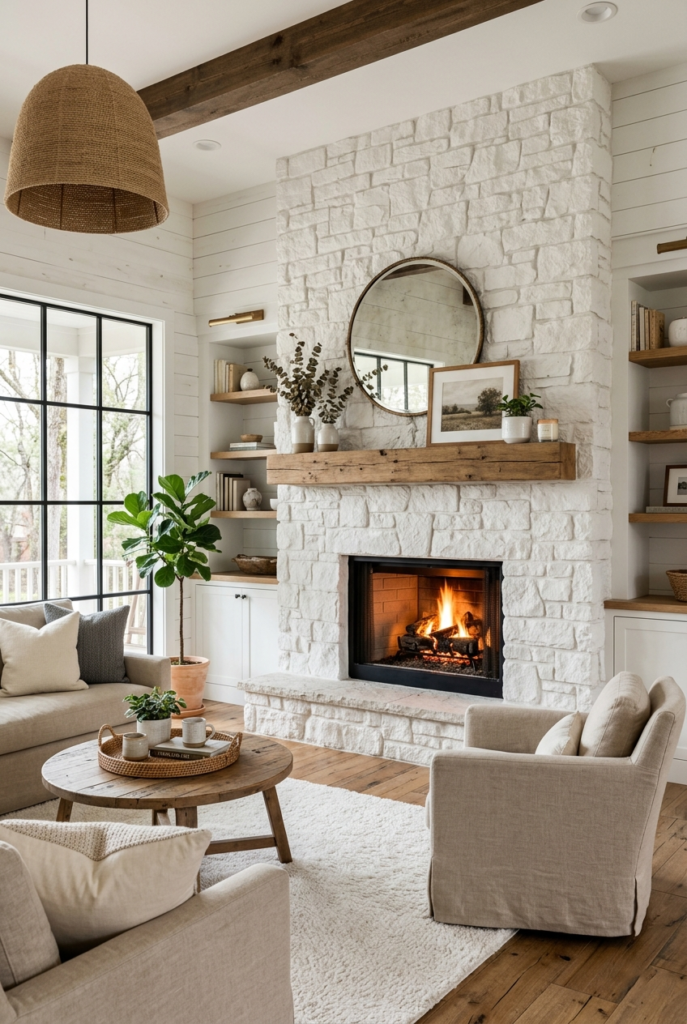 White stone fireplace