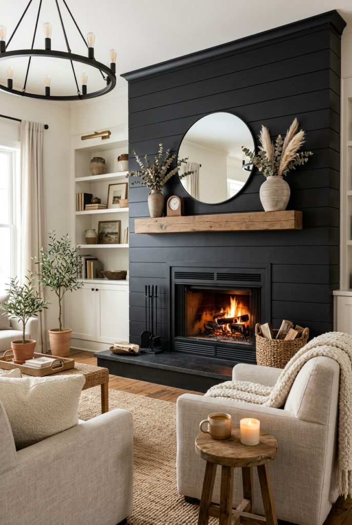 Black shiplap fireplace