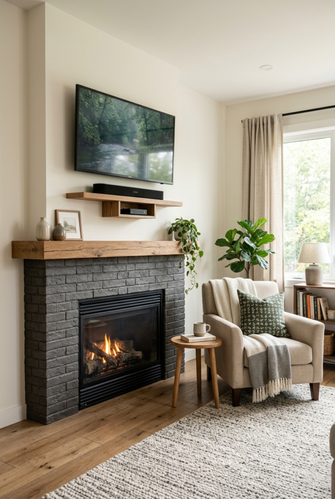Compact media setup with corner fireplace