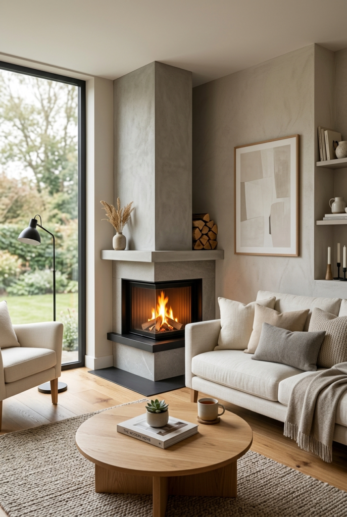 Contemporary corner fireplace in living room
