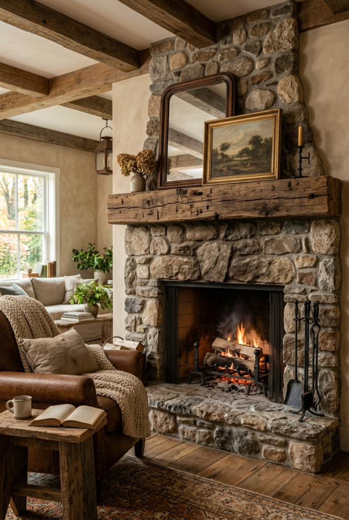 Stone Fireplace With Wood Details