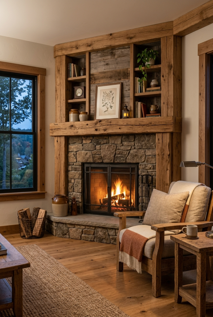 Natural wood accents around corner fireplace