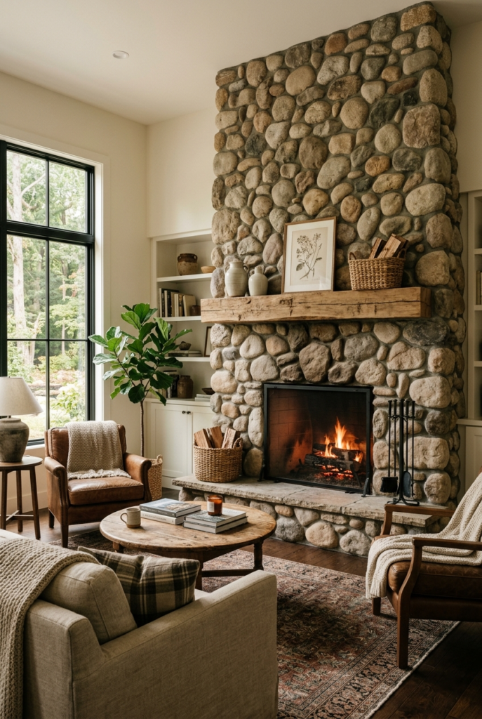 River Rock Stone Fireplace