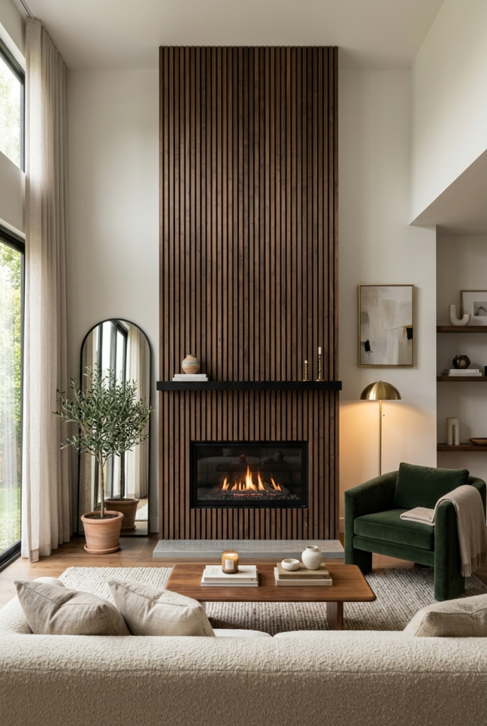 Fireplace with decorative wood slat wall
