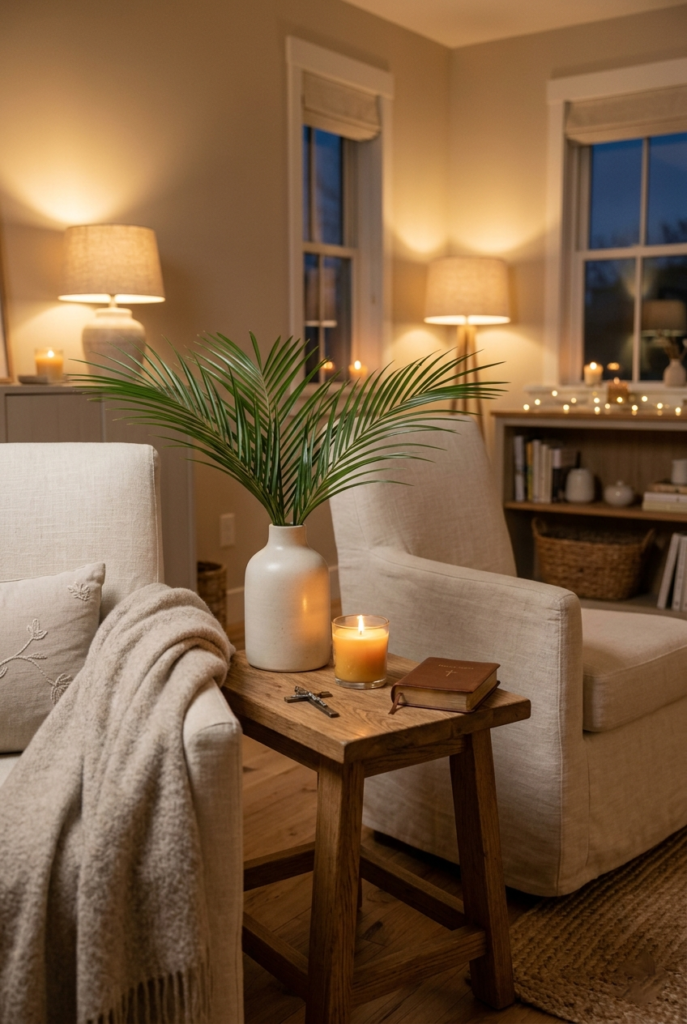 Soft lighting for peaceful Palm Sunday home decor