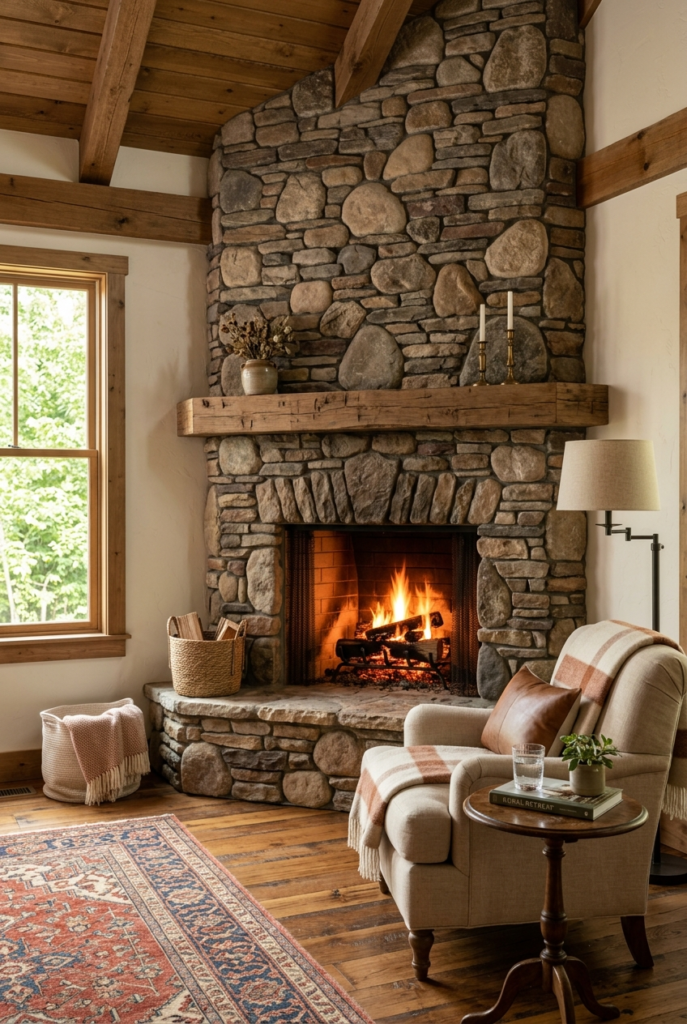 Stone corner fireplace in cozy living room