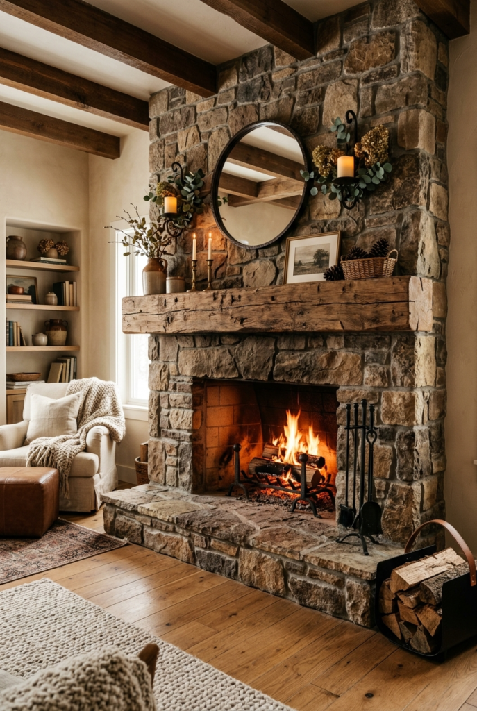 Stone wood fireplace