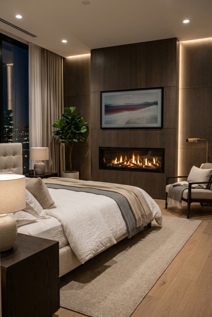 Contemporary bedroom fireplace feature wall
