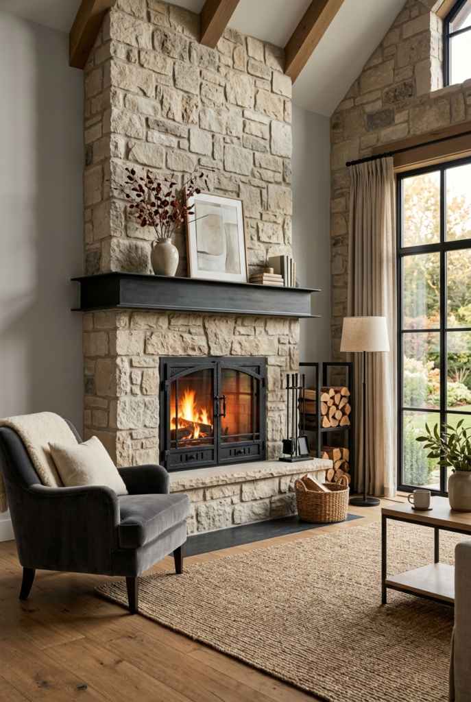 Stone Fireplace Black Accents