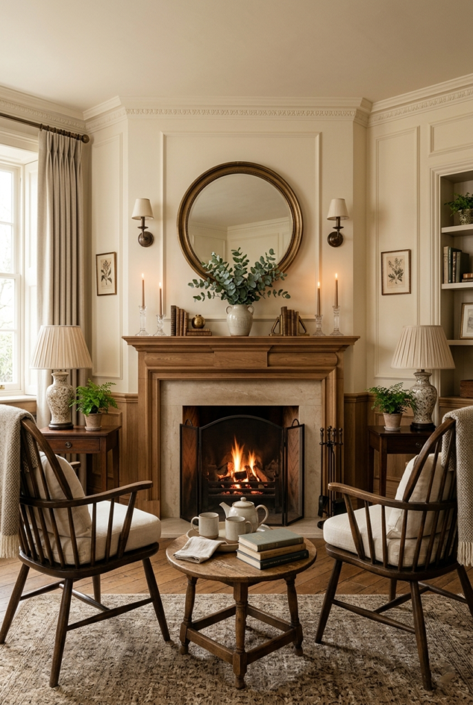 Balanced symmetrical decor near corner fireplace