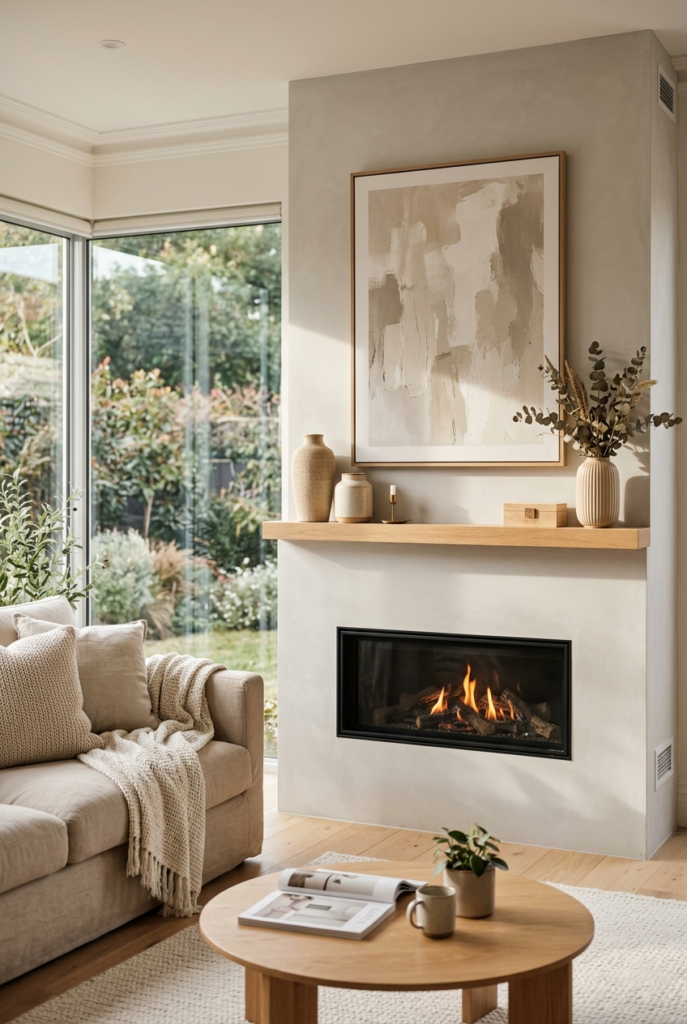 Minimal decor surrounding modern fireplace
