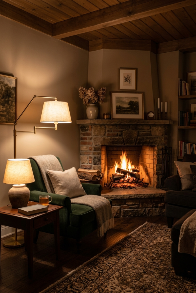 Soft lighting around corner fireplace area