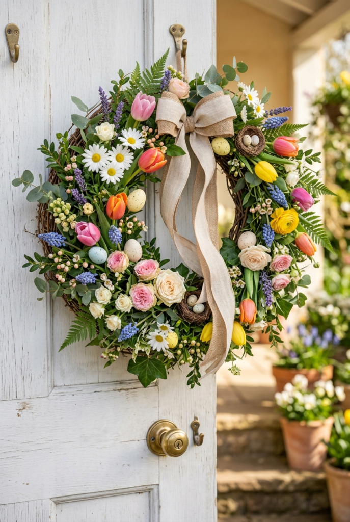 Mixed spring flower wreath for Easter season