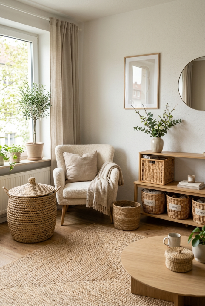 Woven baskets for hidden storage