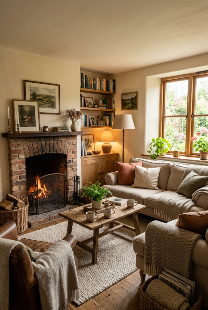 Functional living room layout with corner fireplace