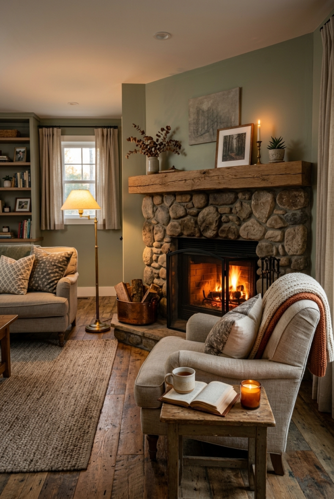 Small living room with stylish corner fireplace design