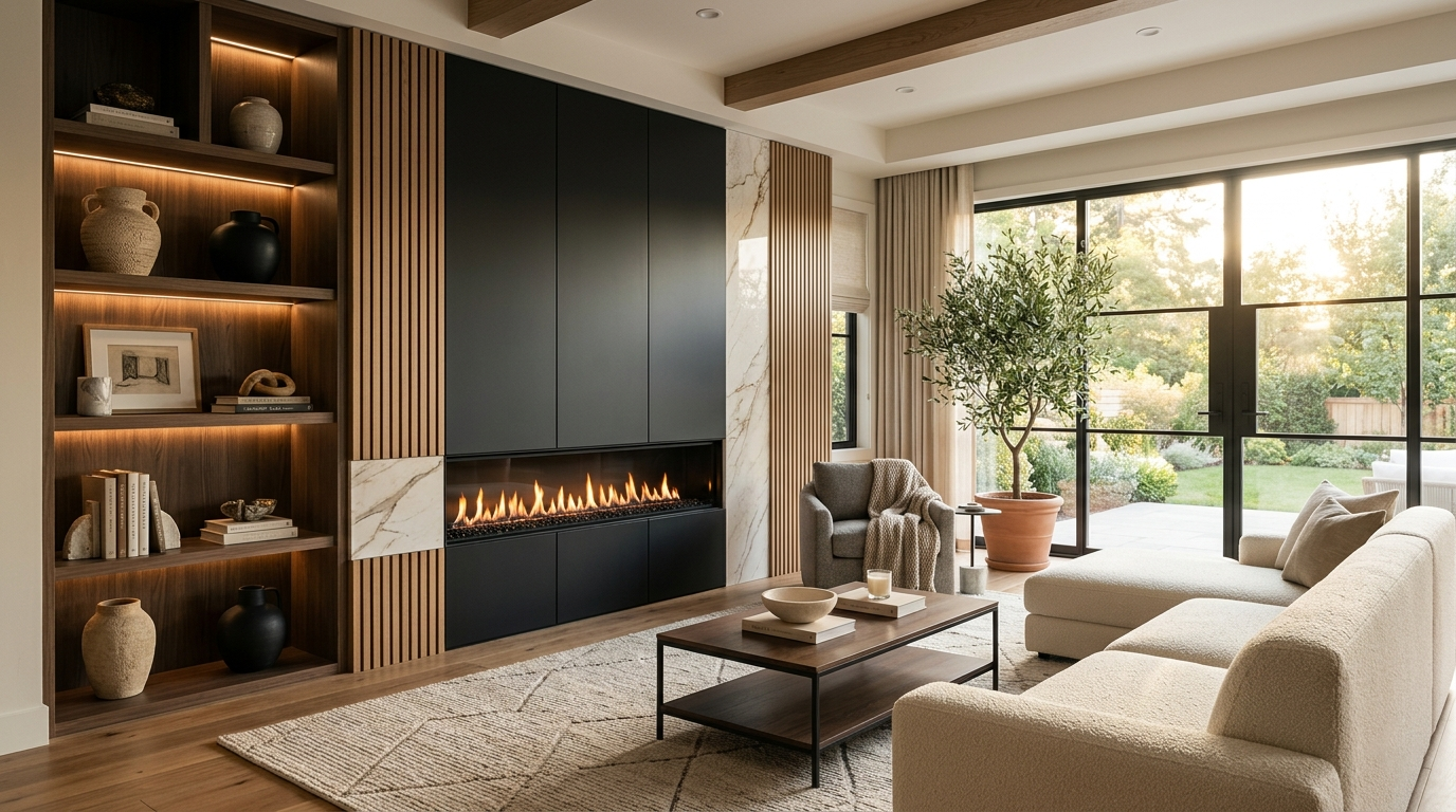 Contemporary living room with modern fireplace