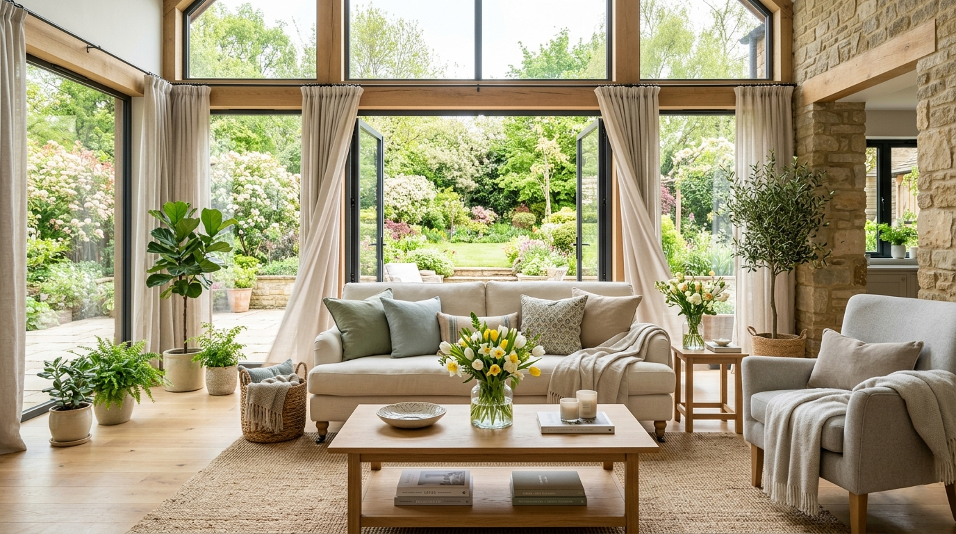Bright and inviting spring-inspired living space featuring fresh flowers, soft pastel accents, natural textures, and abundant natural light.