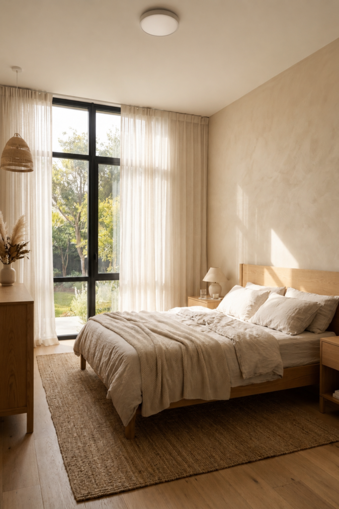 Sunlit minimalist bedroom interior