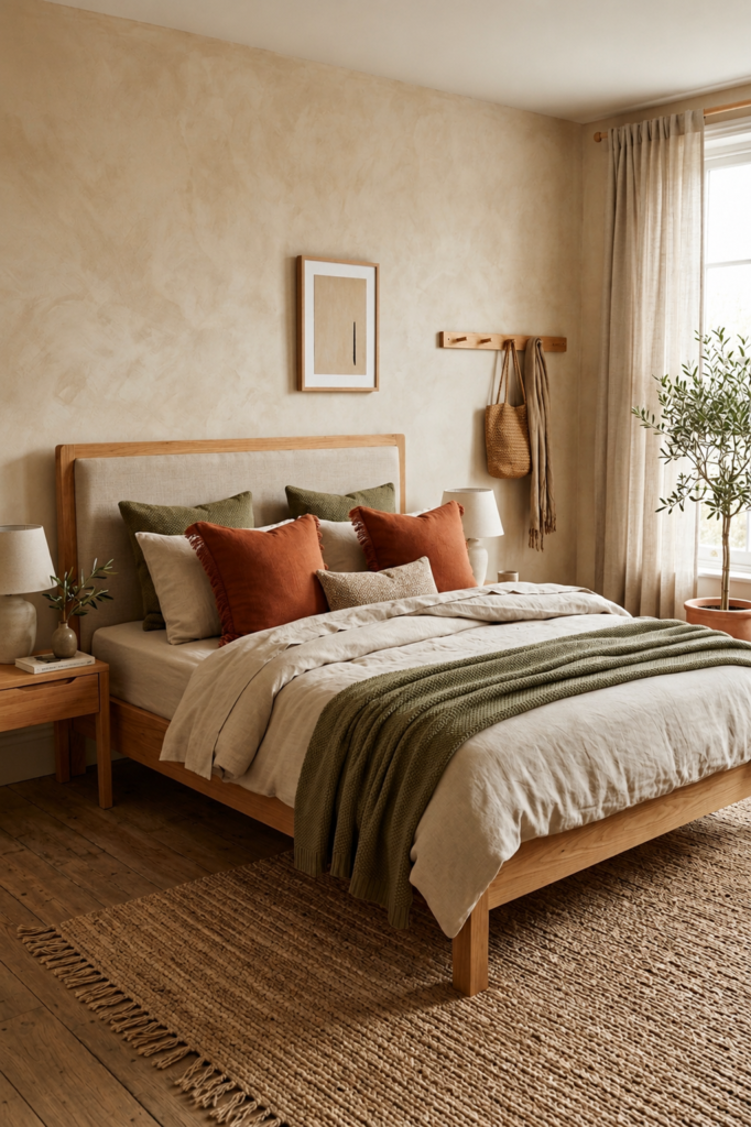 Earth tone bedroom textiles
