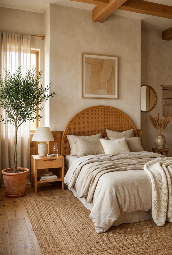 Cozy earthy minimalist bedroom with calming natural decor

