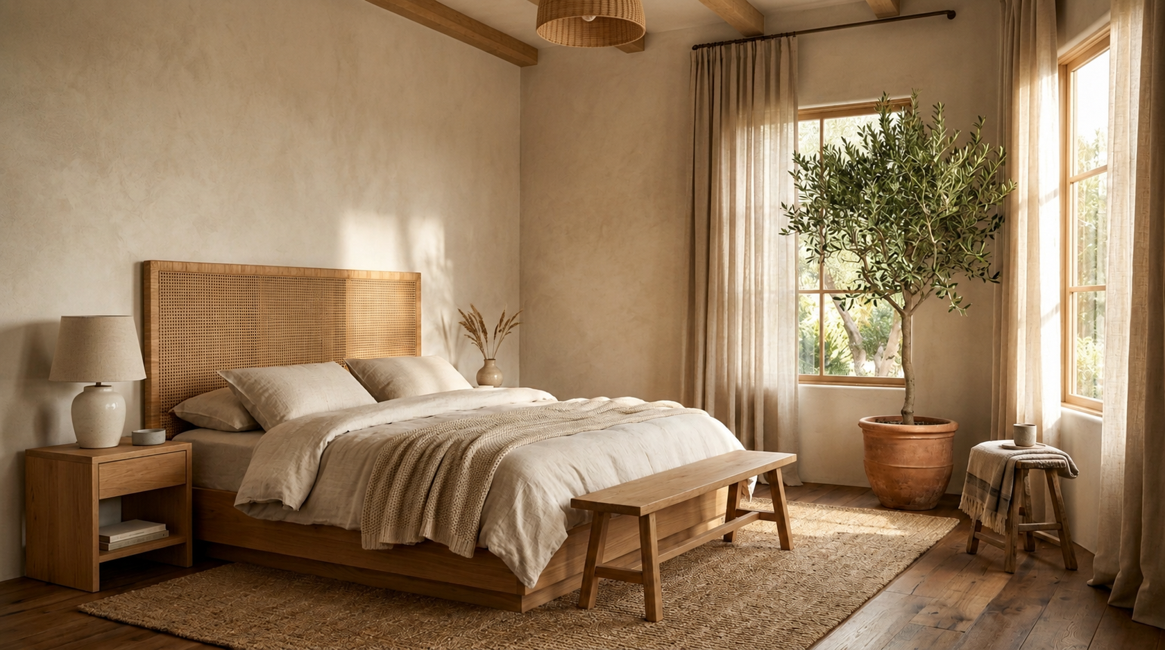 Earthy minimalist bedroom with warm neutral decor